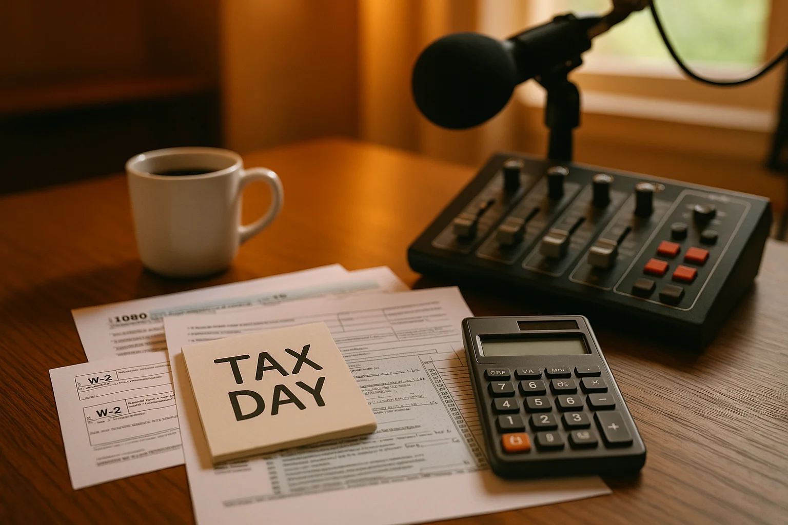 Tax Day paperwork and calculator on a radio studio desk next to broadcasting equipment, professional microphone in soft focus background, warm overhead studio lighting with natural spring daylight