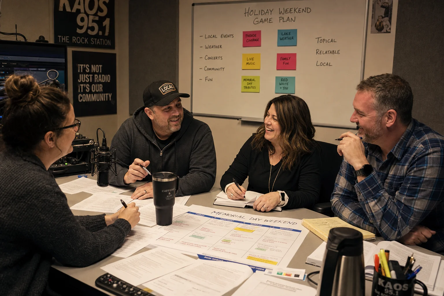 Confident small-market radio team gathered around the studio table with printed Father's Day segment scripts and a weekly content calendar, prepared and in control of the holiday weekend programming