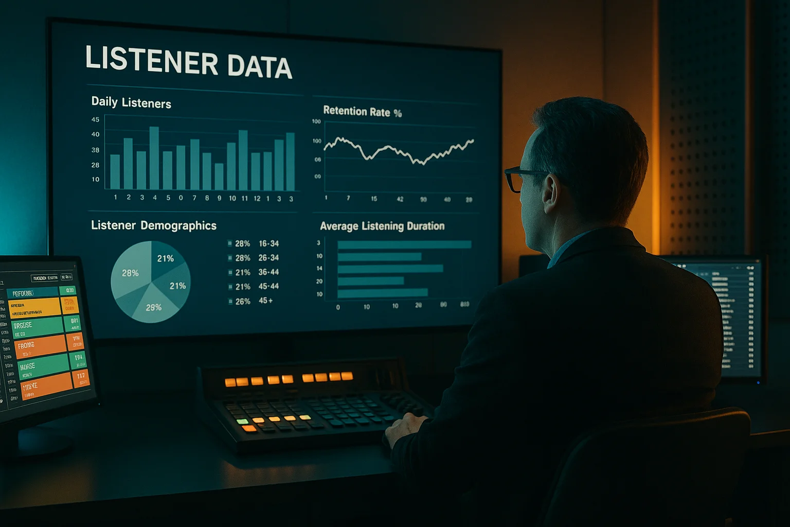 Radio programming director analyzing listener data and retention metrics on a large screen in a modern broadcast control room with scheduling software and music logs visible on side monitors in professional teal and amber lighting