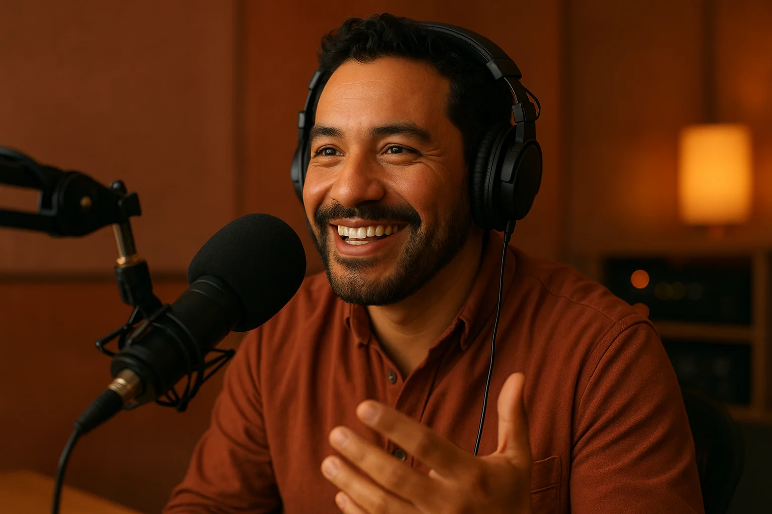 Hispanic radio host connecting with audience through headphones and microphone in warm broadcast studio