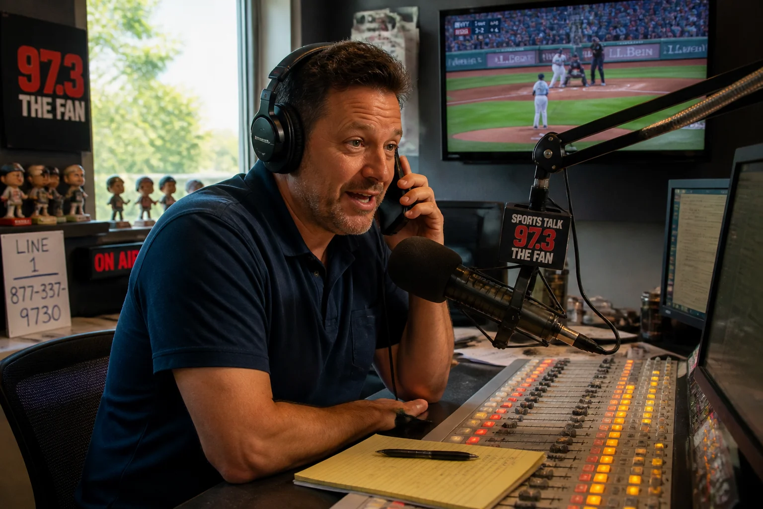 Radio host in headphones taking a listener call at the console with a baseball game on a screen behind, summer afternoon studio