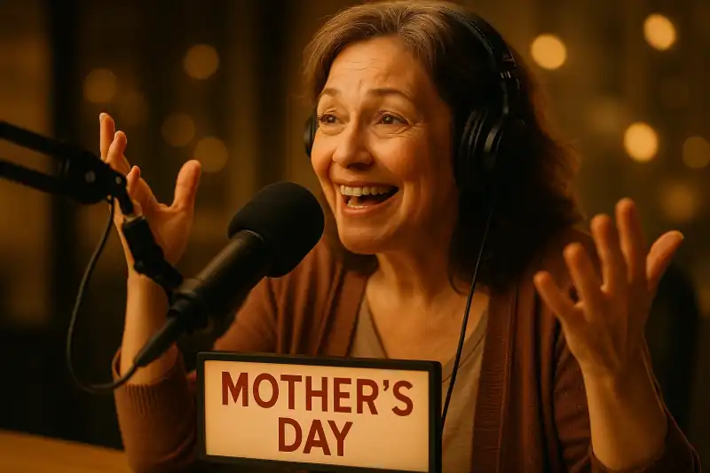 Warm close-up of radio host at microphone gesturing expressively during Mother's Day show, golden studio lighting creating an emotional on-air connection moment