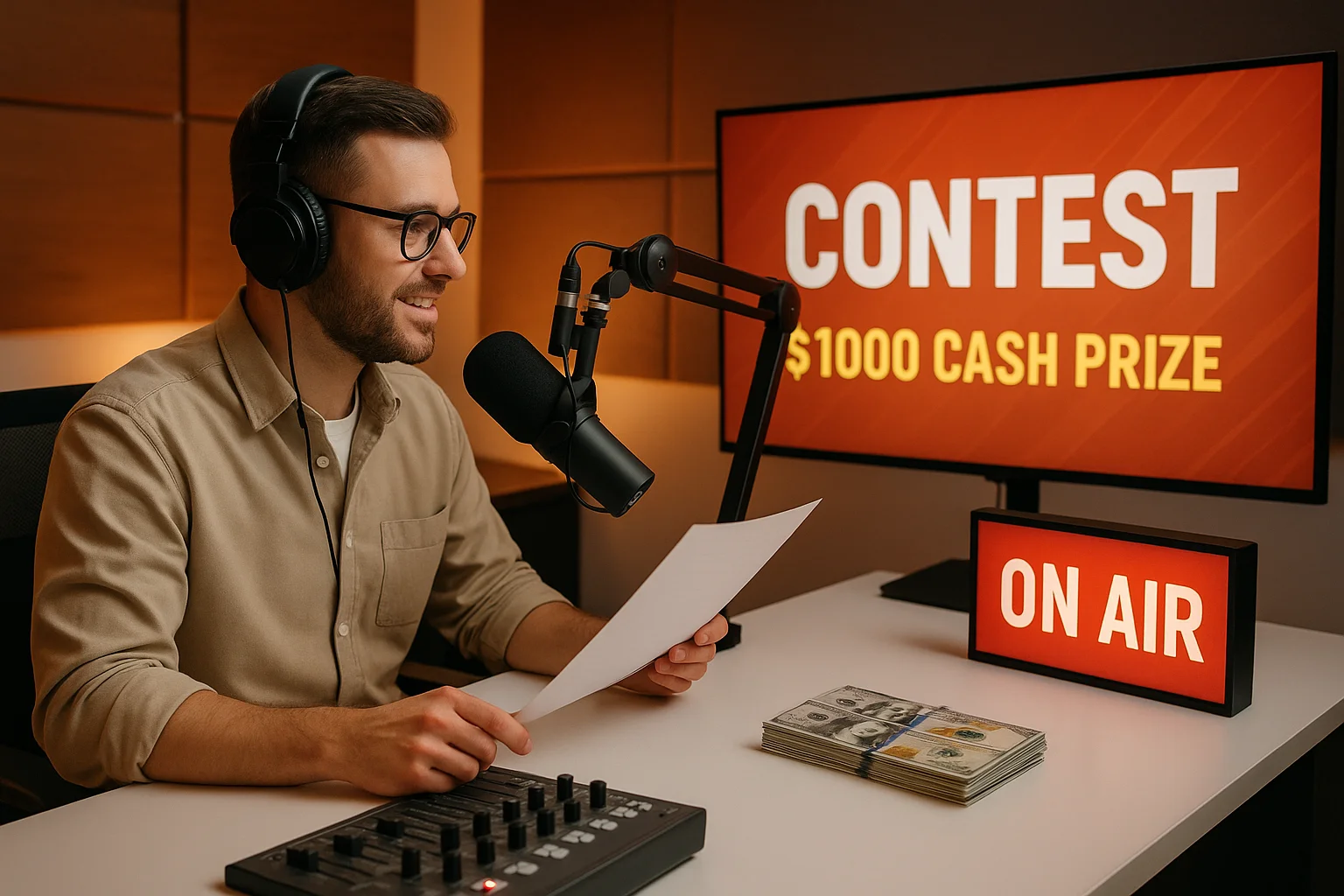 Modern radio studio with host preparing a contest announcement, prize display visible, microphone ready for broadcast, warm studio lighting, clean professional setup with digital screens showing contest information