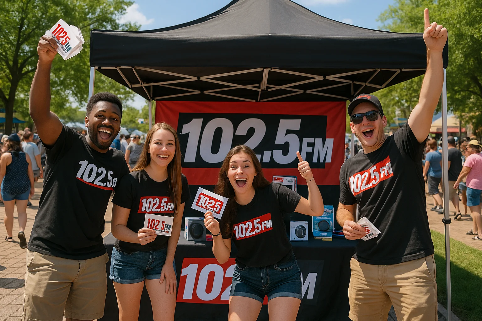 Radio station street team at an outdoor event with crowd engagement, promotional banner and prize display in background, energetic outdoor atmosphere, sunny day, community gathering with a sense of local radio excitement