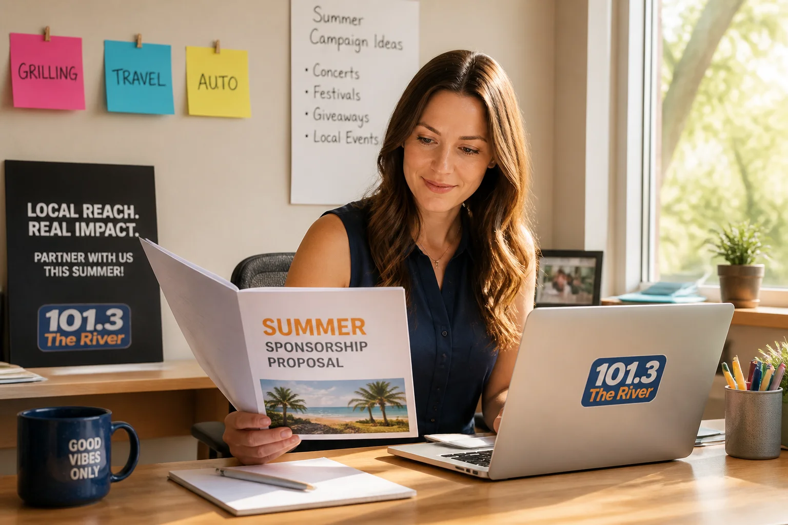 Radio sales seller building a themed summer sponsorship proposal at a desk, sticky notes for grilling, travel, and auto categories on the wall behind a sunlit window
